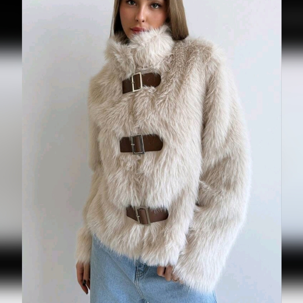 Women Stand Collar Fitted Long Sleeve Fluffy Button Apricot Jacket, Warm - Picture 7 of 8